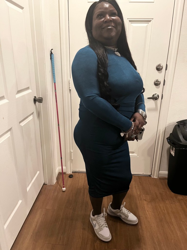 Jalika stepping out with grace and confidence! Rocking a sleek teal dress, classic Nike kicks, and that radiant smile—this look is all about bold elegance with a touch of street-chic. Beauty, style, and strength all in one