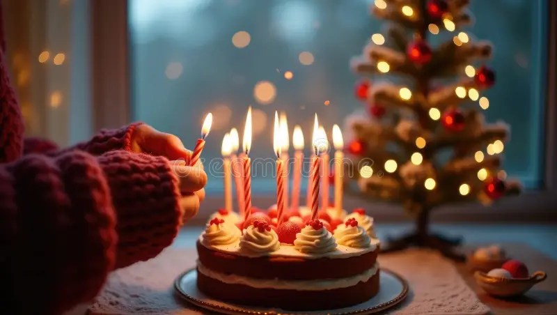 Image of hands inside of a sweater lighting a birthday cake with lit candles on top of the cake, the cake is on a table, while a softly lit christmas tree stands in the background.