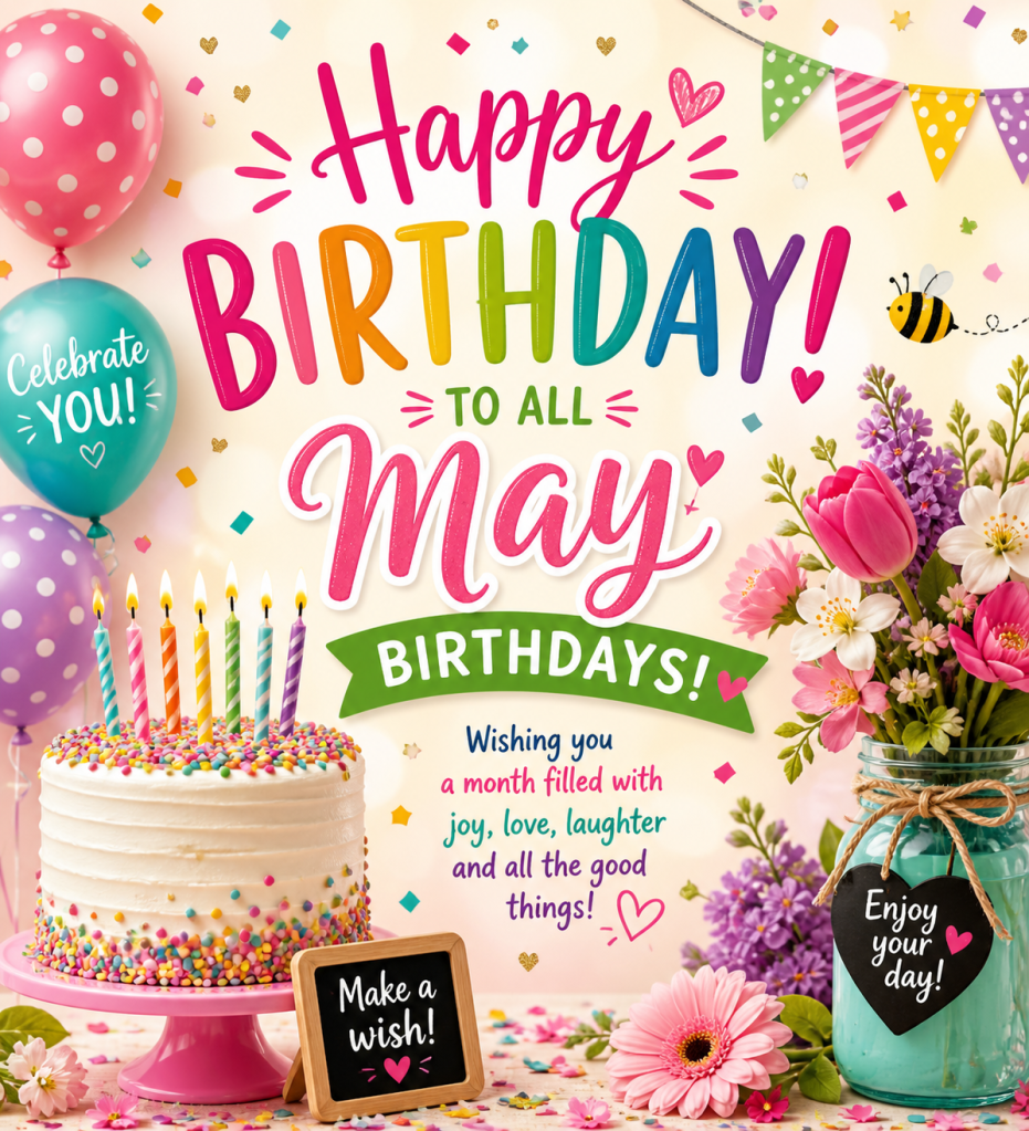 A bright, festive birthday card with a soft pastel background. At the center, large playful lettering reads “Happy Birthday to all May Birthdays!” in a mix of pink and rainbow-colored fonts. Surrounding the text are cheerful decorations, including multicolored balloons (one that says “Celebrate You!”), scattered confetti, and a string of triangular bunting flags across the top.

In the lower left, a frosted cake sits on a pink stand, decorated with rainbow sprinkles and topped with lit, colorful candles. Nearby is a small chalkboard sign that says “Make a wish!” On the right side, a glass jar holds a bouquet of spring flowers in shades of pink, purple, and white, with a tag that reads “Enjoy your day!” A small bee illustration hovers near the text, adding a playful touch.

Near the bottom, a message reads: “Wishing you a month filled with joy, love, laughter, and all the good things!” The overall style is warm, celebratory, and spring-themed, with bright colors and a joyful mood.