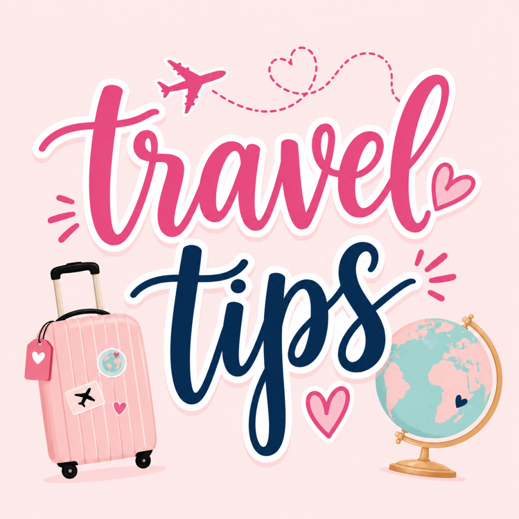 A fun, feminine travel-themed graphic on a soft blush pink background. The words “travel tips” appear in large, playful script lettering, with “travel” in bright pink and “tips” in navy blue, both outlined in white. A pink airplane flies above the text, leaving a dotted heart-shaped trail. Decorative pink hearts and accent marks surround the lettering. A pastel pink suitcase with travel stickers sits on the left, while a mint-and-pink globe on a gold stand appears on the right. The overall design is cheerful, stylish, and geared toward travel content aimed at a feminine audience.


