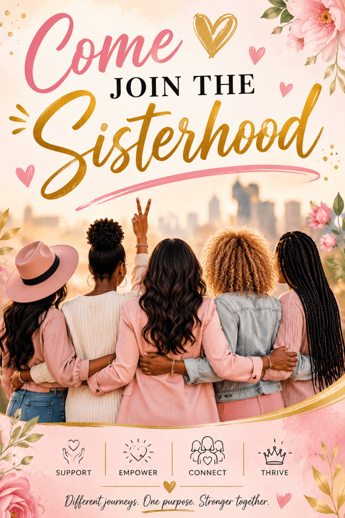A graphic reading “Come Join the Sisterhood” in pink and gold lettering. Four women of diverse backgrounds stand together with their arms around one another, facing a city skyline at sunset. The image is decorated with soft pink flowers, hearts, and gold accents, and includes the themes “Support,” “Empower,” “Connect,” and “Thrive.” A tagline at the bottom reads, “Different journeys. One purpose. Stronger together.”