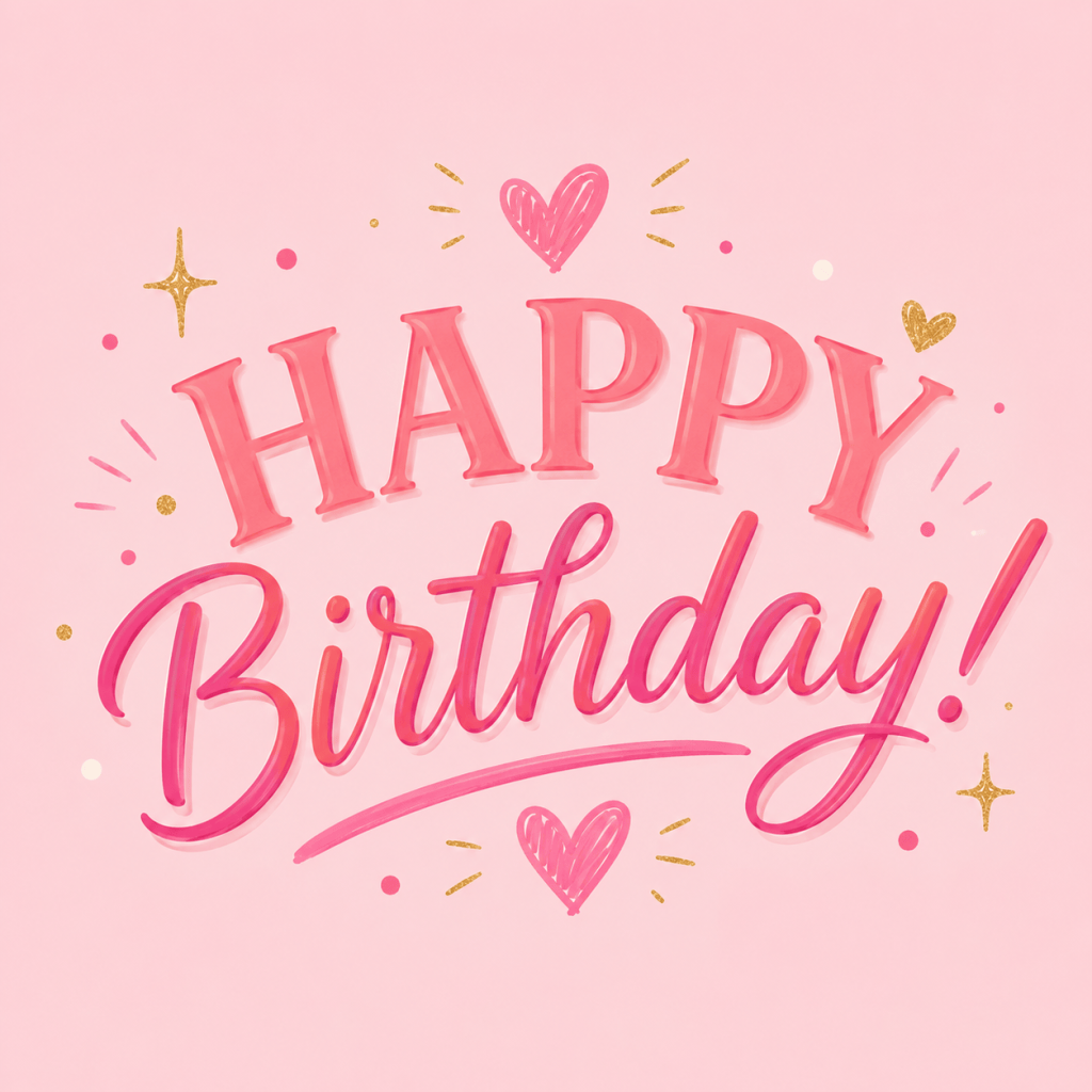 A cheerful pink birthday graphic with the words “Happy Birthday!” in bold coral and pink hand lettering. Hearts, gold sparkles, confetti, and festive accents surround the text on a soft blush background, creating a fun and feminine celebration.