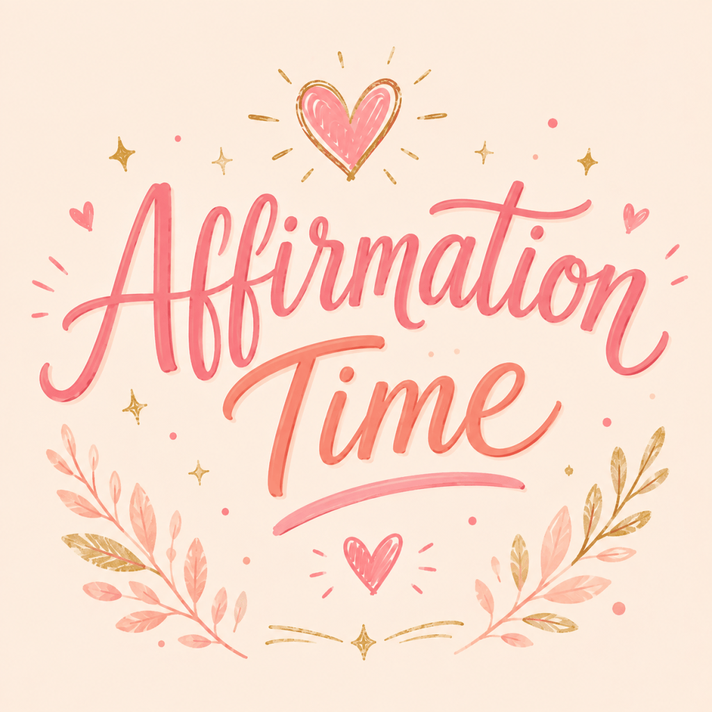 A calming affirmation graphic featuring the words “Affirmation Time” in large coral-pink script on a warm cream background. Delicate botanical illustrations, hearts, gold sparkles, and soft decorative elements frame the text, creating an uplifting and encouraging design.