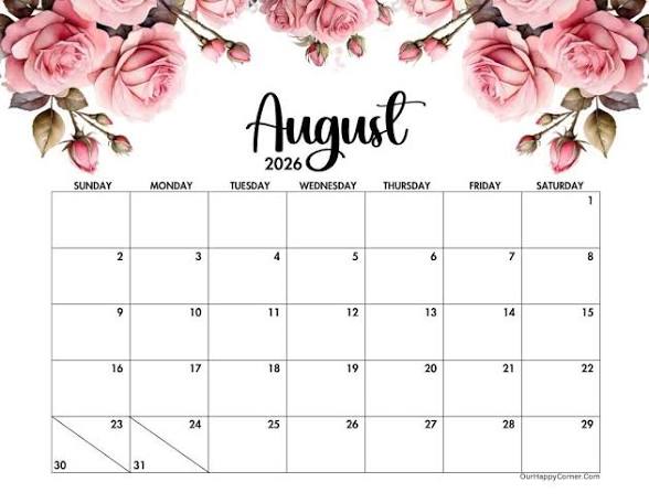 A photo of an August 2026 calendar with floral designs in the top left and right corner of the image.